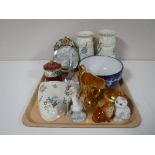 A tray containing a pair of Beswick Deco vases, Maling lustre china, Lladro figure of a duck,