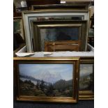 A box of framed continental school oils on canvas including fishing scenes,