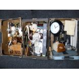 Three boxes containing wooden pieces, shells, vintage hot water bottle,