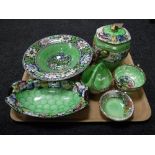 A tray of six piece of green lustre Maling - biscuit barrel,