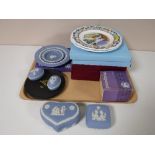 A tray of Wedgwood jasper ware, boxed Wedgwood and Royal Worcester collector's plate,