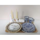 A tray of four pieces of Adams china, five pieces of Queens Staffordshire china, wall plates,