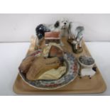A tray containing Cooper Craft Old English sheep dog, an art pottery horse, Bossons wall plaque,