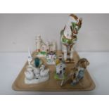 A tray containing Chinese pottery tan horse, pottery figure lion on rock,