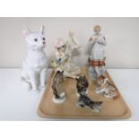 A tray containing seven china figures including four USSR Lomonosov figures, bear cubs, tiger, lady,