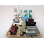 A tray containing resin Japanese figures, pottery foo dogs,