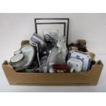 A box of two hand coloured etchings, pewter tankards, pottery teapots, beer steins,