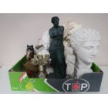 A box containing ceramic busts, figure of Venus De Milo, a pottery shire horses head, Buddha head,