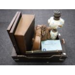 A box of antique wooden writing slope, Victorian glass oil lamp,