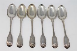 A set of six Victorian Fiddle and Shell pattern silver dessert spoons, Chawner & Co, London 1841,