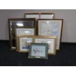 A framed mirror, gilt frame, two watercolours,