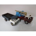 Two mid 20th century Triang tin plate toys - high lift crane and a flat bed lorry