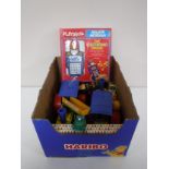 A box of mid 20th century and later toys including plastic traction engines, die cast vehicles,