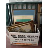 A box of assorted pictures and prints, continental school oils, map etc.