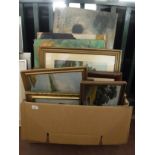 A box of assorted pictures and prints, continental school oils etc.