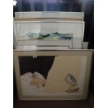 Nine assorted contemporary pictures and prints including a framed watercolour Nude on bed etc