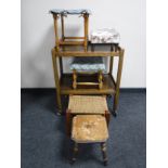 An oak two tier trolley together with five assorted stools