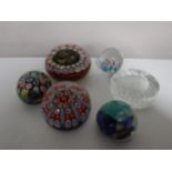 A box of six twentieth century glass paperweights