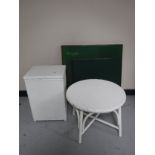 Two folding card tables together with a painted loom occasional table and linen box