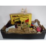 A box of mid 20th century Brio train set, assorted dolls and toys.