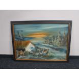 A framed continental school oil on board - Winter landscape at sunset