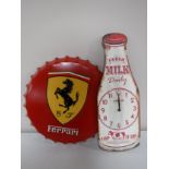 A metal Ferrari bottle top and a Fresh Milk wall clock
