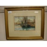 John Valentine : Fishing boats moored on North Shield fish quay, watercolour, signed,