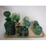 A tray of Victorian glass paperweights, green glass decanter, glass ware,