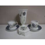 Six pieces of Wedgwood Susie Cooper Glen Mist china, two coffee cans with saucers,