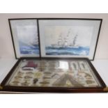 A framed montage - Nautical knots together with two framed prints - Ships