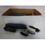 A box of plastic rolling stock.