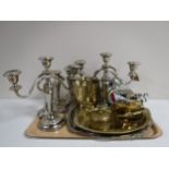 A tray of plated candelabra and candlesticks, plated rose ball, milk jugs,