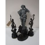 A pair of French spelter figures, together with two other spelter figures,