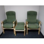 A pair of beech framed Nordic easy chairs with stools,