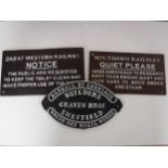 Two cast metal railway notices and a cast metal Darnall carriage sign