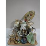 A tray of Royal Doulton figure - Fair lady HN2193, glass paperweight, Aynsley painted vase,