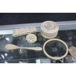 Five pieces of antique ivory - trinket box, spoon,