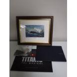 Two Royal Mint issue five pound coins together with a framed Michael Powell print - HMS Titanic