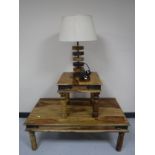 A mango wood rectangular coffee table together with matching lamp table and table lamp with shade