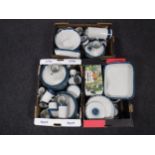 Three boxes of Wedgwood Blue Pacific dinner and cook ware