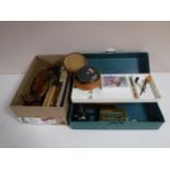 Two boxes of fishing equipment - fly making items, fly reel,
