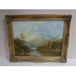 Two pine framed oils - S Richardson and City sun scape by L Long and gilt framed oil depicting