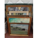 Nine framed continental school oils including landscapes, harbour scenes,