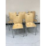 A set of five metal framed beech armchairs