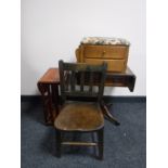 A mahogany leather topped pedestal sofa table together with an oak child's chair and sewing box