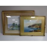 A gilt framed Bernard Cordes watercolour, Cottages by a Loch, dated 1927,