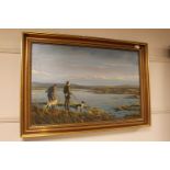 Ronald Wong : Two men duck flighting with their dogs, oil on canvas, signed, 49 cm x 75 cm, framed.