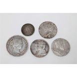 A silver 20 Reales 1859, together with four Victorian and later silver coins.