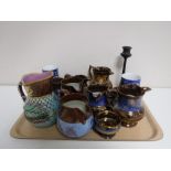 A tray of English Majolica water jug, antique copper lustre ware etc.