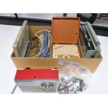 A box containing assorted radio valves, two valve radios Sky Countess and Pye,